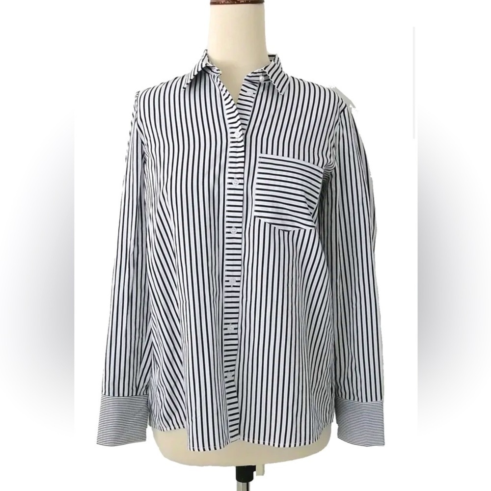 ZARA Basic Navy and White Striped button down pea… - image 1